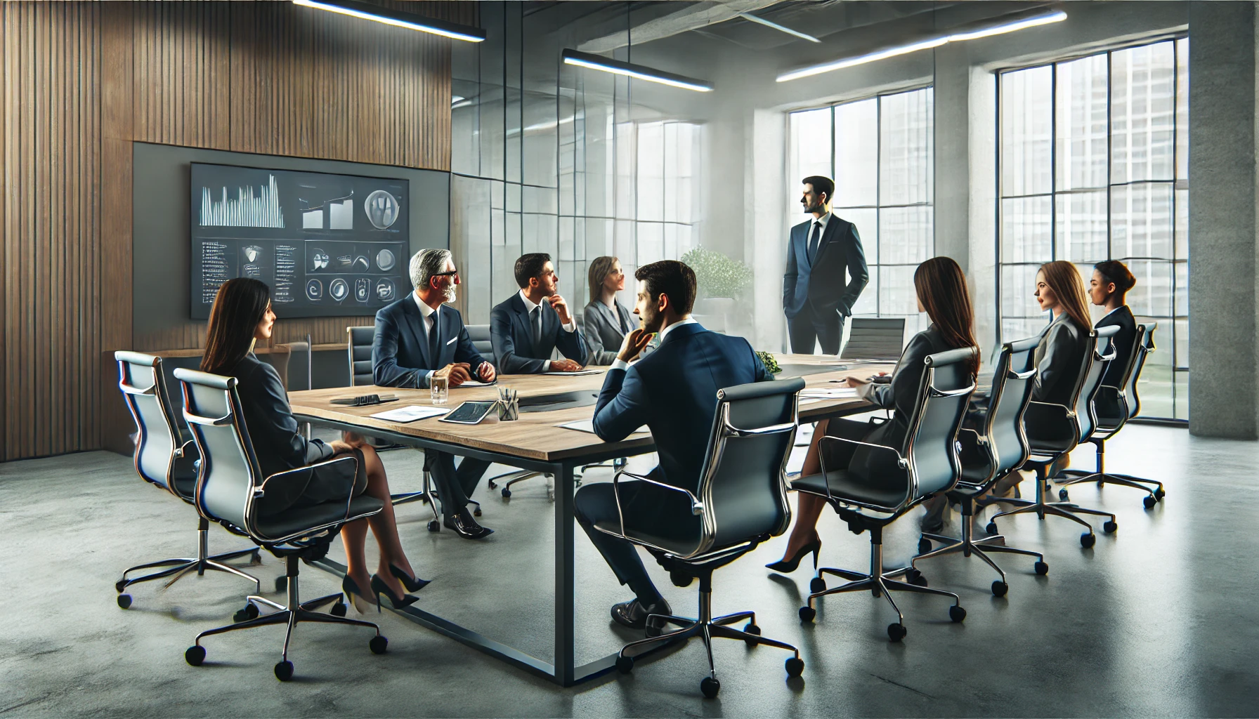 DALL·E 2025-03-04 18.12.31 - A professional cover image of a modern office conference room. The scene features a boss sitting at the head of the table, leading a discussion with a