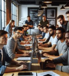 Men sitting on computers and coding