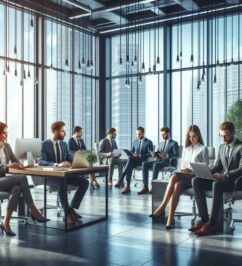 realistic image of an office with a team sitting on a bench with employees